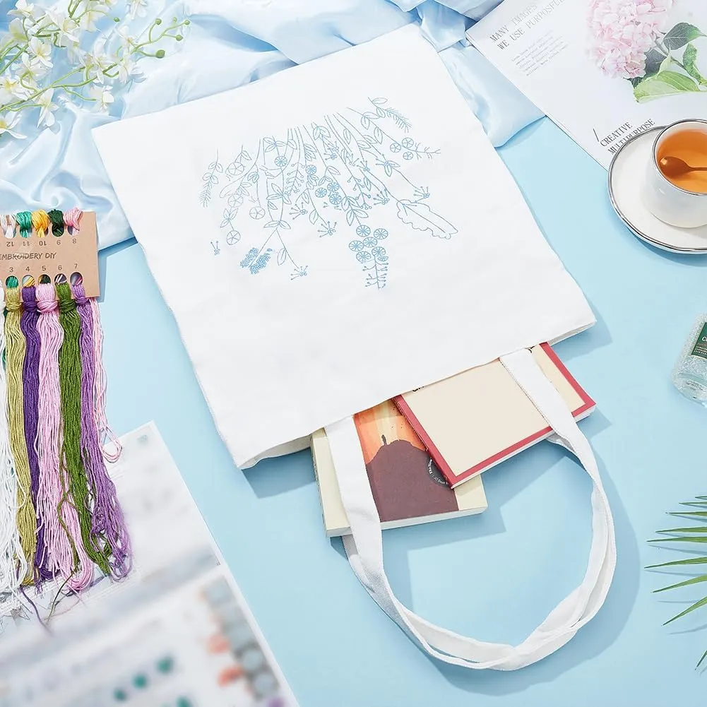 FREEBLOSS Canvas Tote Bag Embroidery Kit for Beginners White Embroidery Tote Bag Kit Mixed Flowers Canvas Tote Bag Hand Stitch Embroidery Tote Bag Kit with Hoop and Patterns, Instructions Included