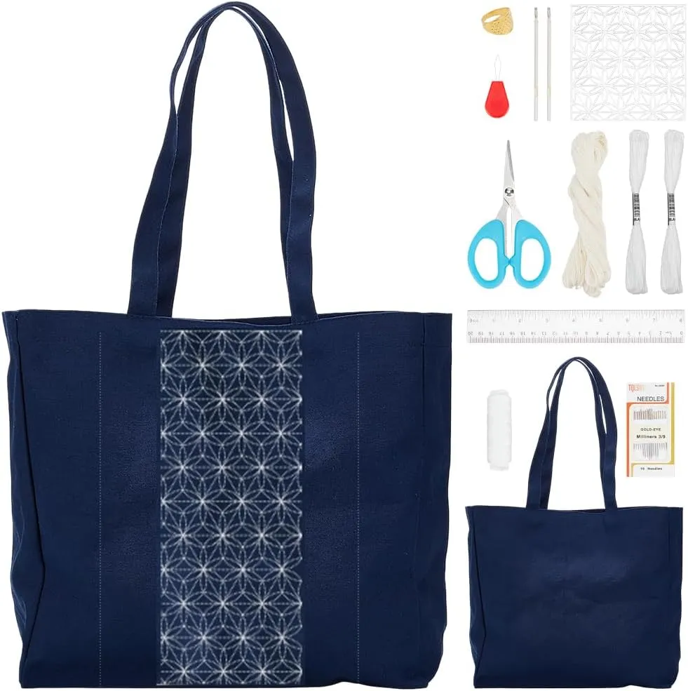 FREEBLOSS Embroidery Handbag Kit Tote Bag Embroidery Kit with Sashiko Stencil DIY Embroidery Bag Set for Craft Project Embroidery Bag Kit for Beginners Hand Sewing Kit