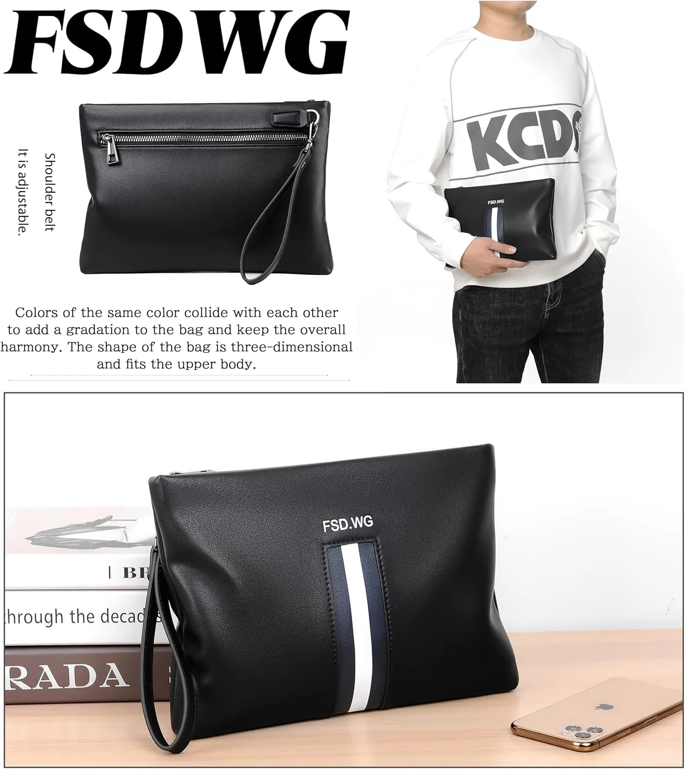 FSD.WG Mens Clutch Bag Man Purse Handbag 12 inches Large Hand Bag Big Clutch Wallet