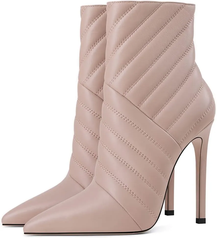 FSJ Women Fashion High Heel Ankle Boots with Rivets Closed Pointed Toe Stilettos Zipper Unique Style Shoes Size 4-15 M US