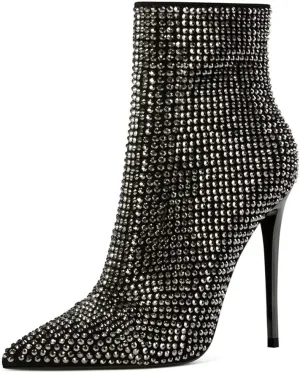 FSJ Women Fashion High Heel Ankle Boots with Rivets Closed Pointed Toe Stilettos Zipper Unique Style Shoes Size 4-15 M US