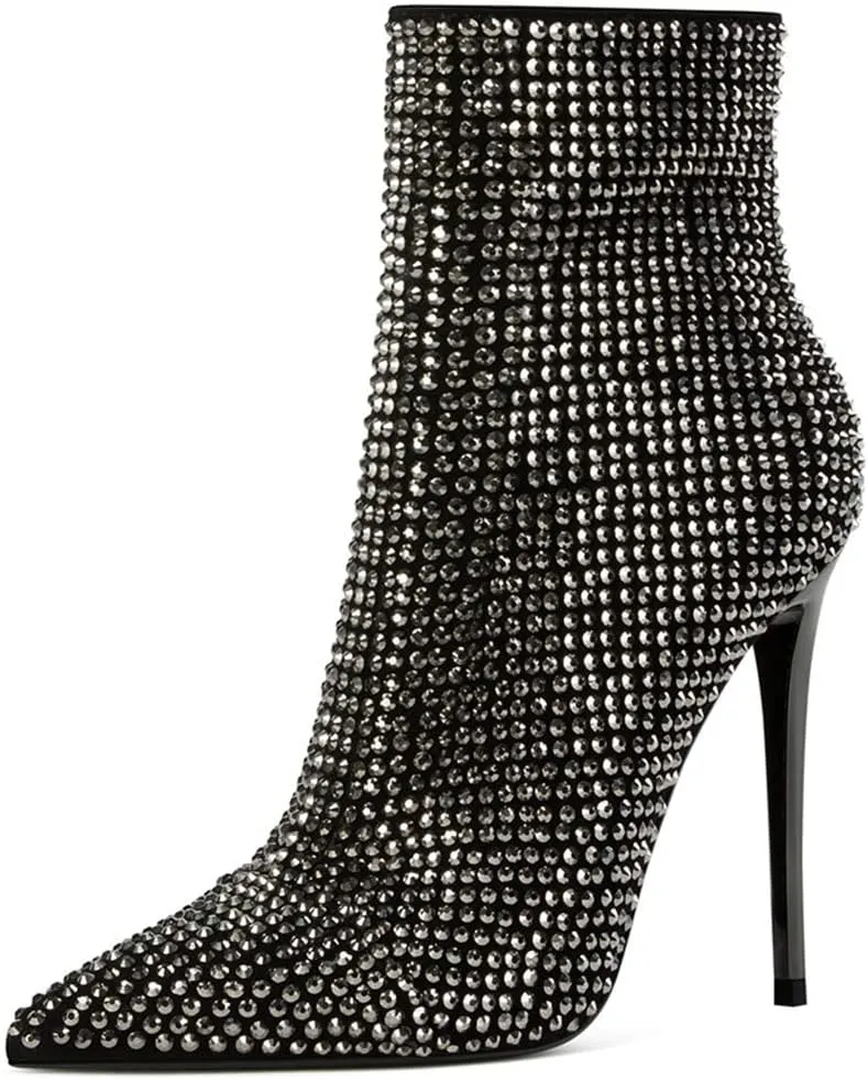 FSJ Women Fashion High Heel Ankle Boots with Rivets Closed Pointed Toe Stilettos Zipper Unique Style Shoes Size 4-15 M US
