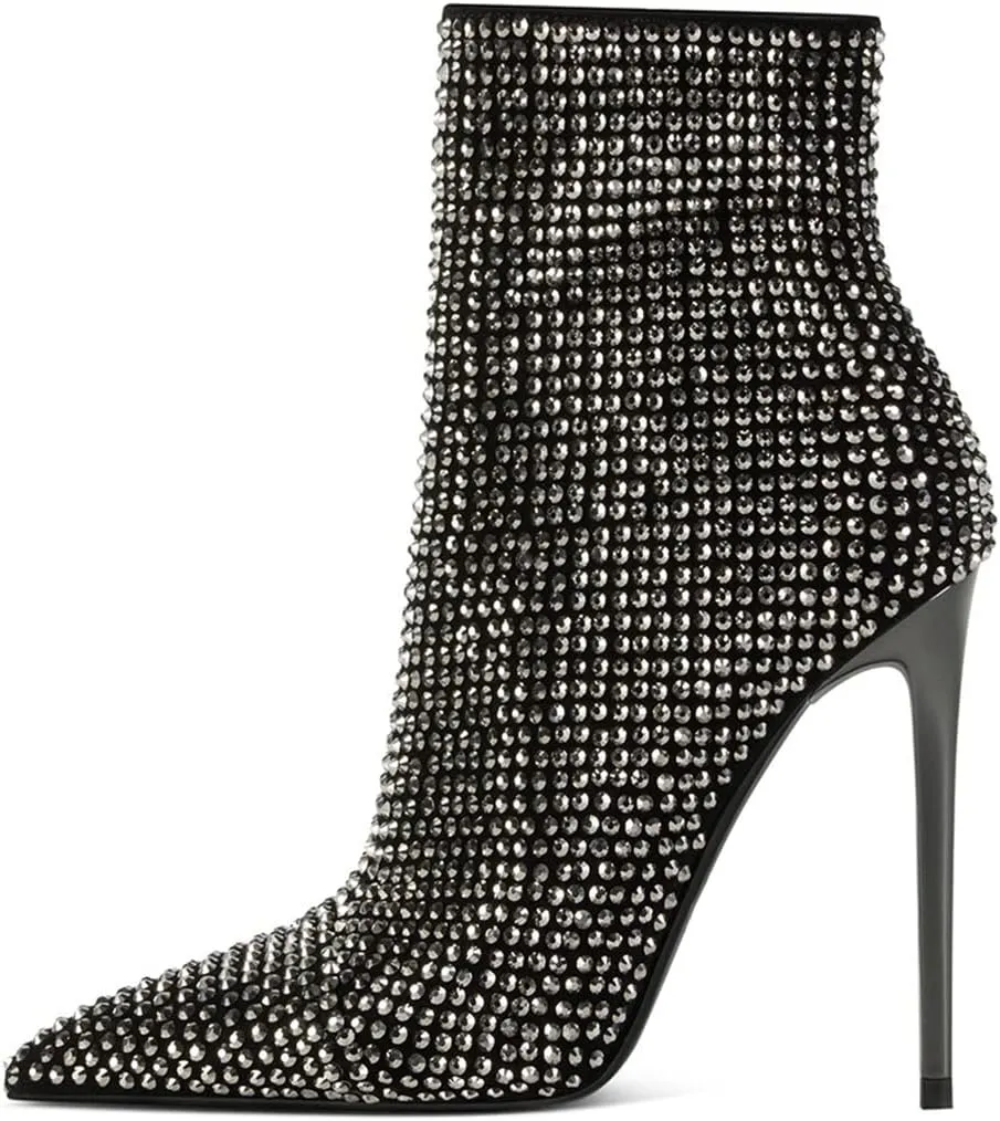 FSJ Women Fashion High Heel Ankle Boots with Rivets Closed Pointed Toe Stilettos Zipper Unique Style Shoes Size 4-15 M US