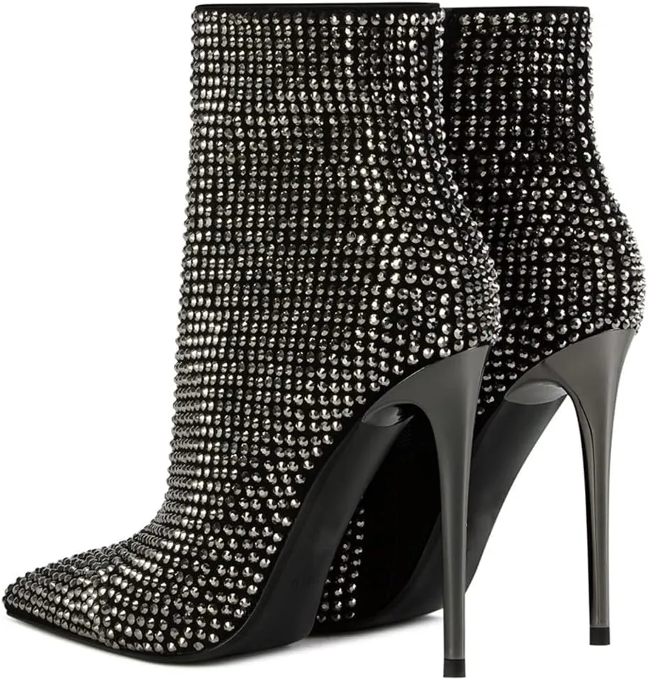 FSJ Women Fashion High Heel Ankle Boots with Rivets Closed Pointed Toe Stilettos Zipper Unique Style Shoes Size 4-15 M US