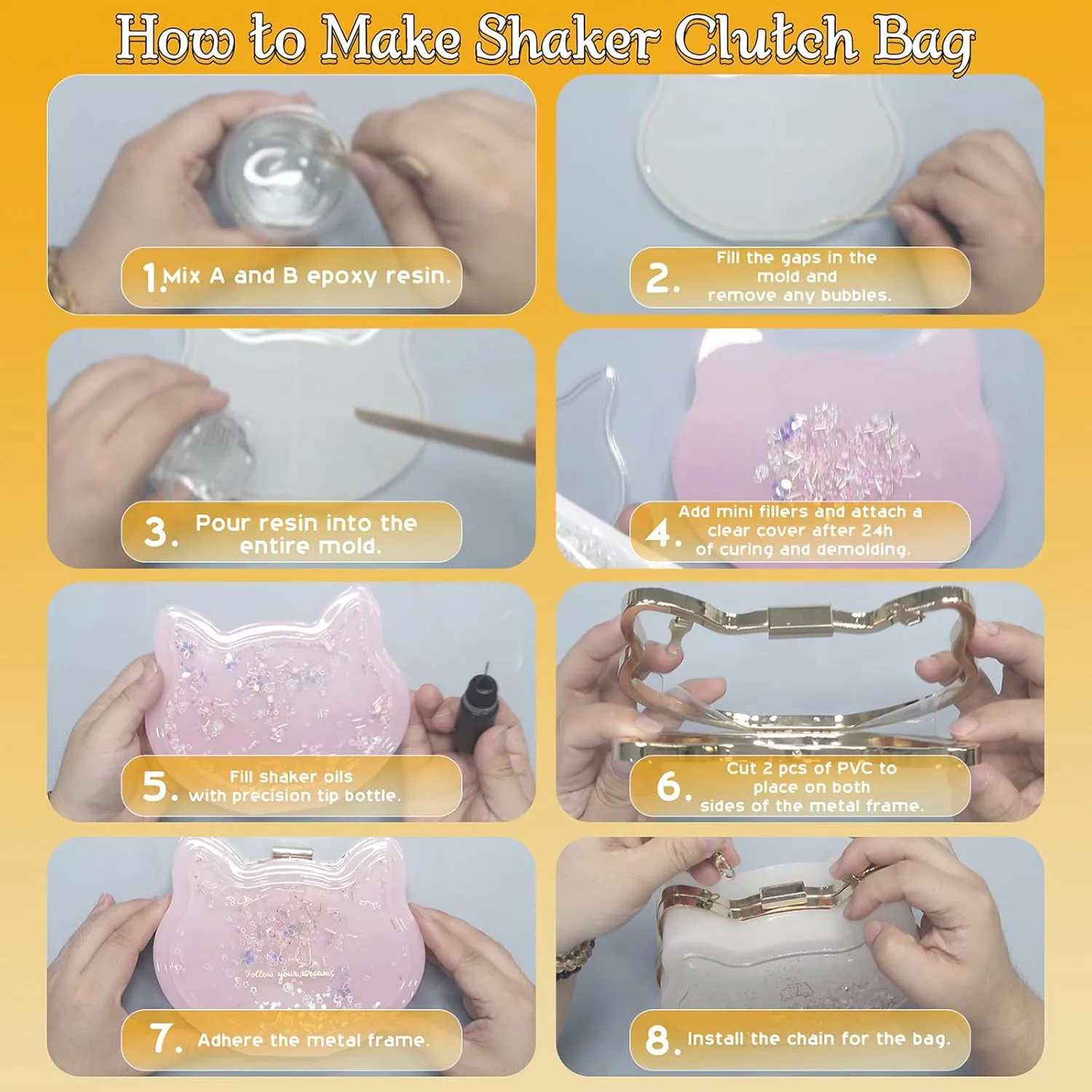 FUNSHOWCASE Resin Shaker Mold Clutch Purse Complete Kits of 9 6" Large Heart Bag DIY Accessories