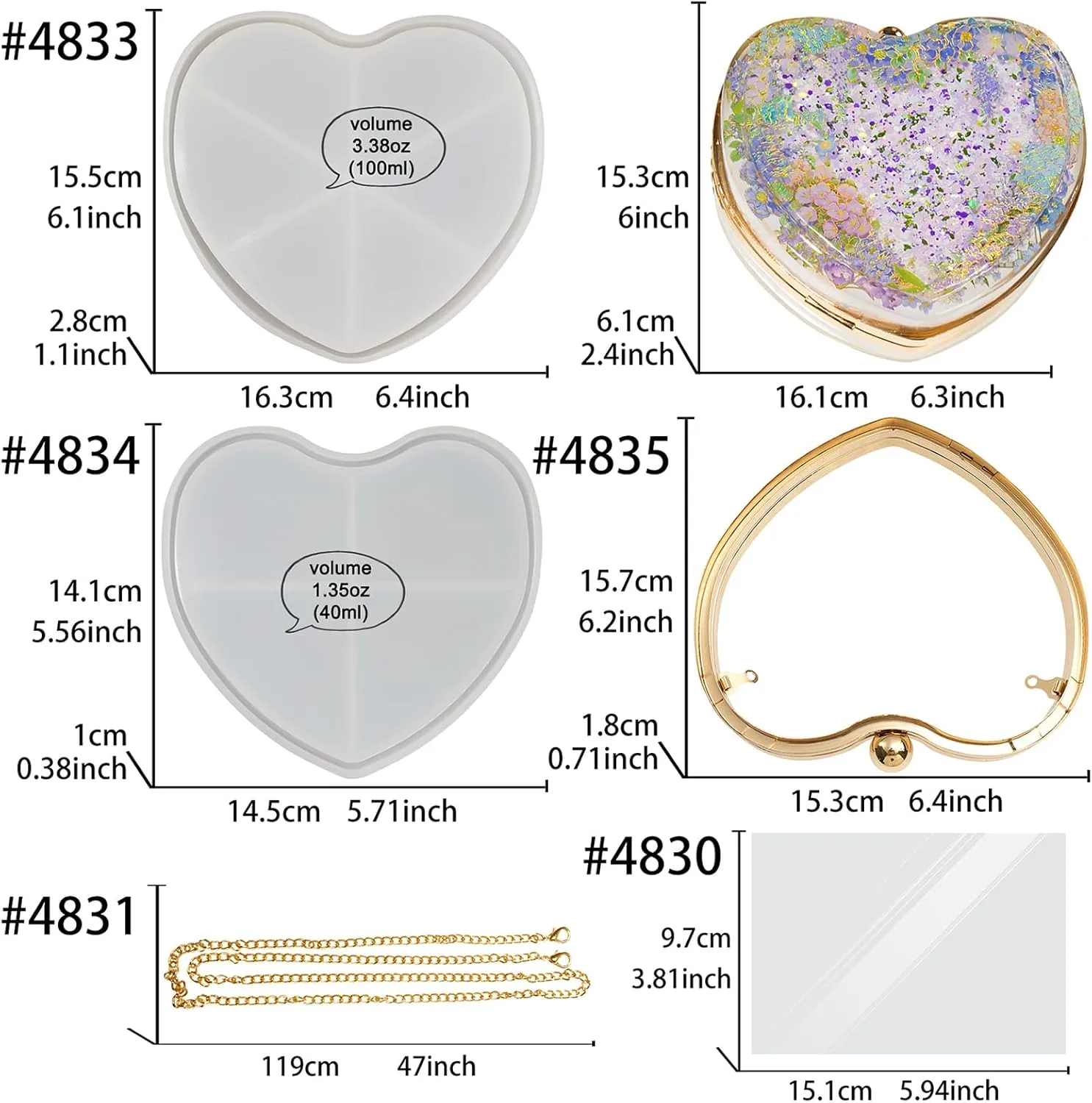 FUNSHOWCASE Resin Shaker Mold Clutch Purse Complete Kits of 9 6" Large Heart Bag DIY Accessories