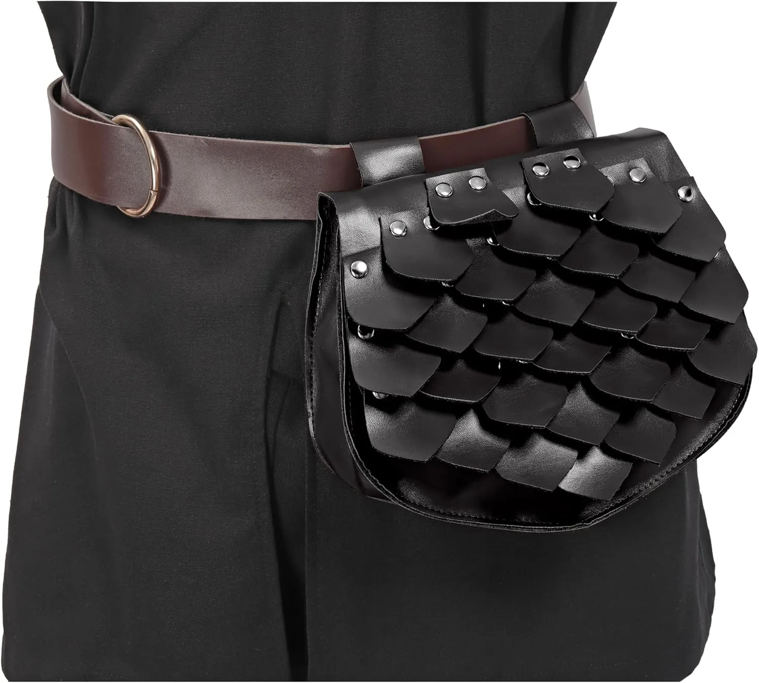 FURPHI Renaissance Belt Pouch Medieval Faux Leather Scale Waist Bag LARP Costume Accessories for Men Women (Black)