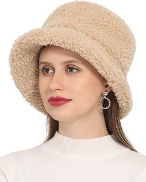 Furry Faux Fur Bucket Hat for Women Warm Winter Plush Fully Fisherman Cap