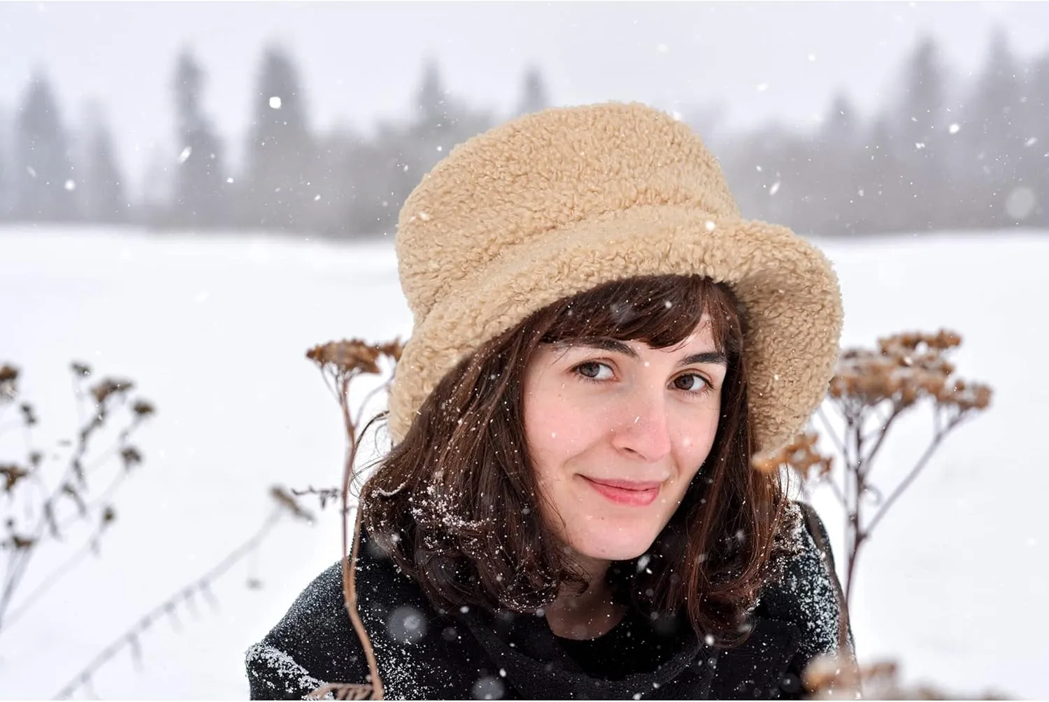 Furry Faux Fur Bucket Hat for Women Warm Winter Plush Fully Fisherman Cap