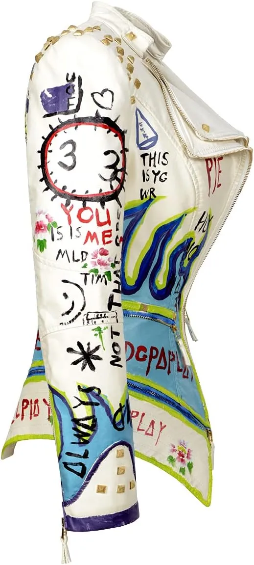FUYUAN Women's fashion studs perfectly shaped artificial leather jacket graffiti punk motorcycle jacket