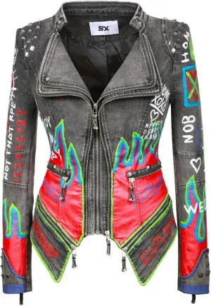 FUYUAN Women's fashion studs perfectly shaped artificial leather jacket graffiti punk motorcycle jacket