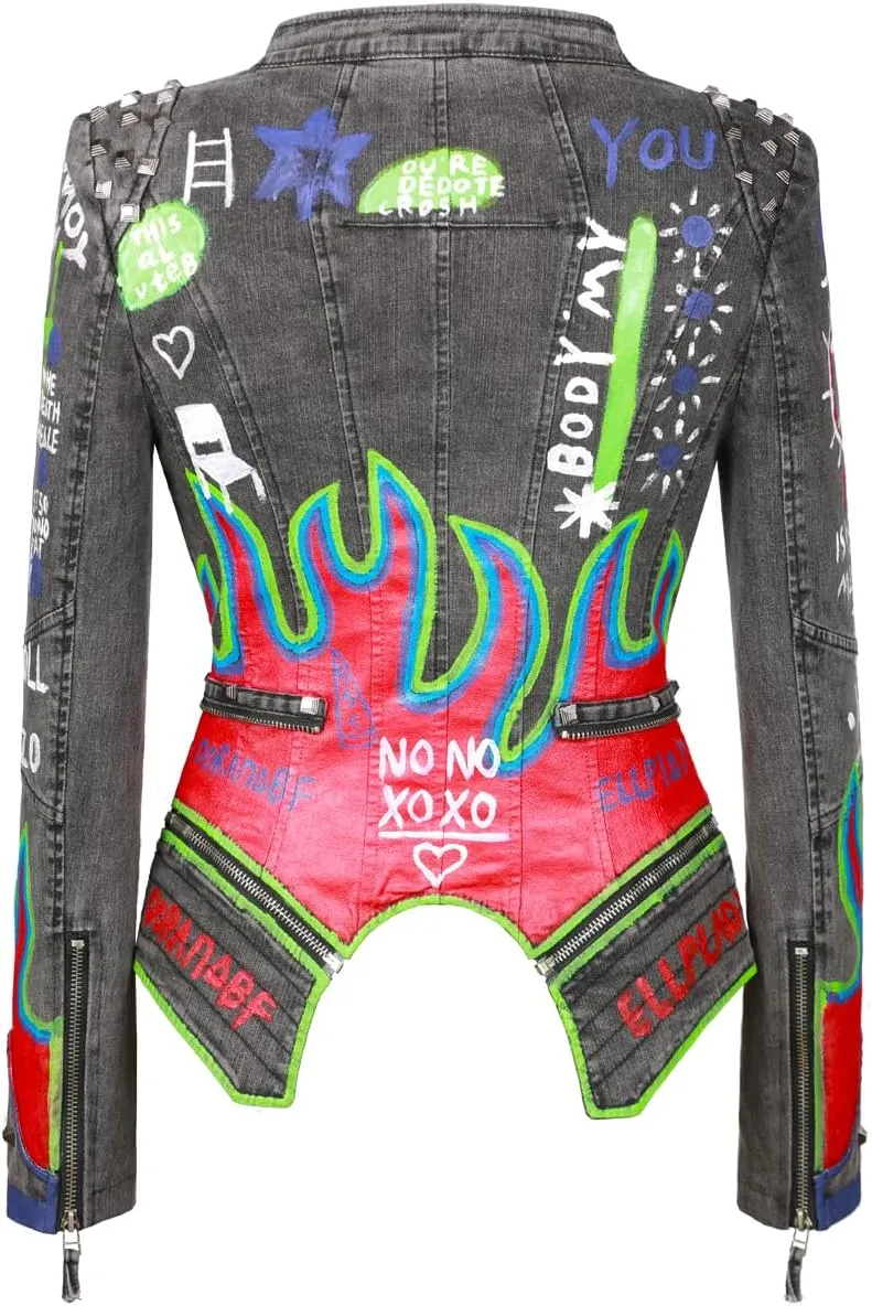 FUYUAN Women's fashion studs perfectly shaped artificial leather jacket graffiti punk motorcycle jacket