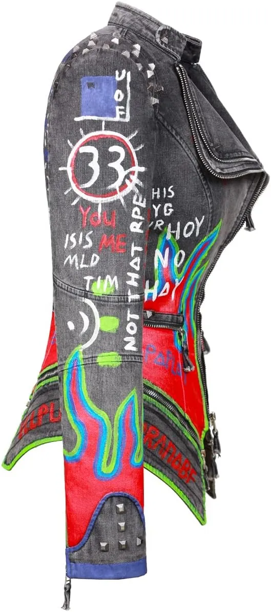 FUYUAN Women's fashion studs perfectly shaped artificial leather jacket graffiti punk motorcycle jacket