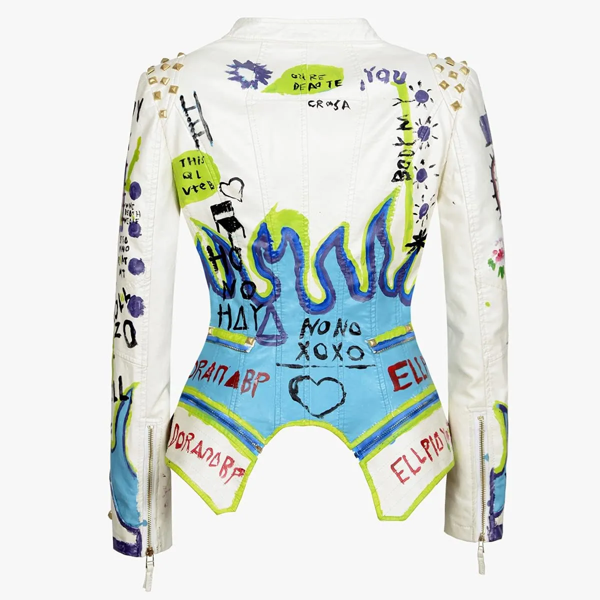 FUYUAN Women's fashion studs perfectly shaped artificial leather jacket graffiti punk motorcycle jacket