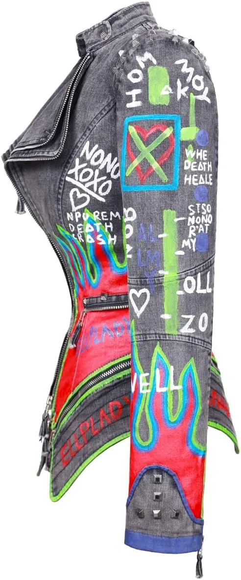 FUYUAN Women's fashion studs perfectly shaped artificial leather jacket graffiti punk motorcycle jacket