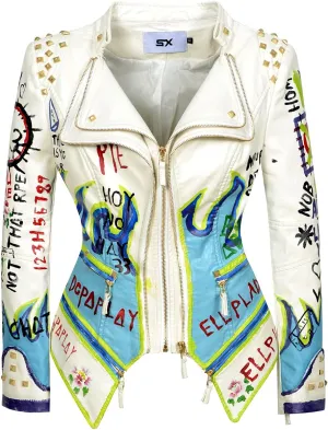 FUYUAN Women's fashion studs perfectly shaped artificial leather jacket graffiti punk motorcycle jacket