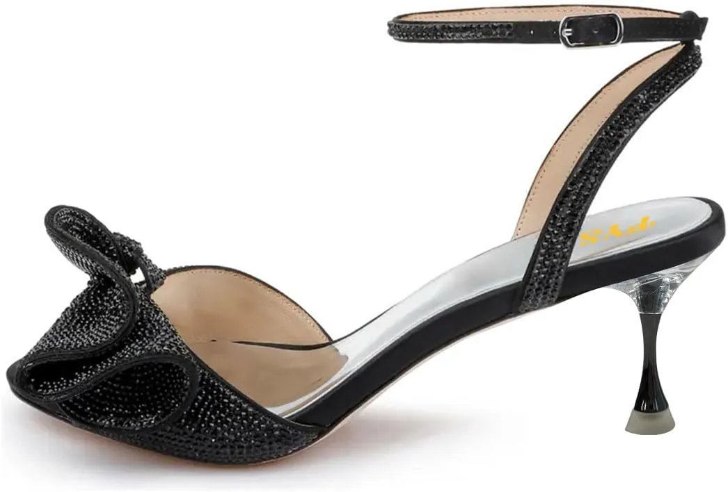FYS Women Peep Toe Sandals Rhinestone Studded Bow Crystal Kitten Heels Ankle Strap Glitter Party Club Prom Shoes Size 4-16 US