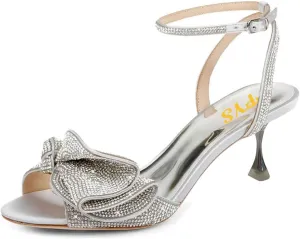 FYS Women Peep Toe Sandals Rhinestone Studded Bow Crystal Kitten Heels Ankle Strap Glitter Party Club Prom Shoes Size 4-16 US