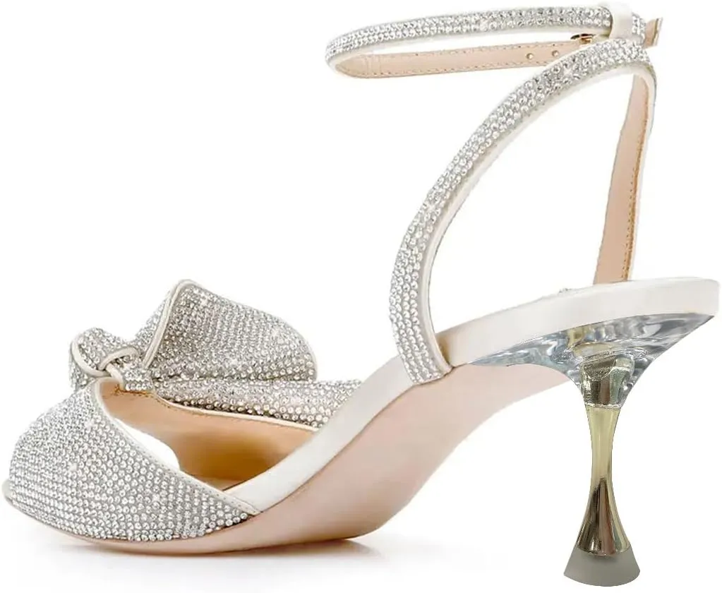 FYS Women Peep Toe Sandals Rhinestone Studded Bow Crystal Kitten Heels Ankle Strap Glitter Party Club Prom Shoes Size 4-16 US