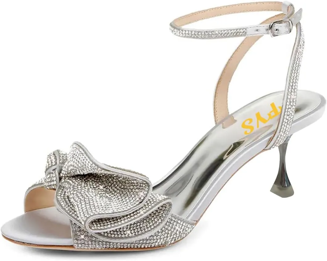 FYS Women Peep Toe Sandals Rhinestone Studded Bow Crystal Kitten Heels Ankle Strap Glitter Party Club Prom Shoes Size 4-16 US