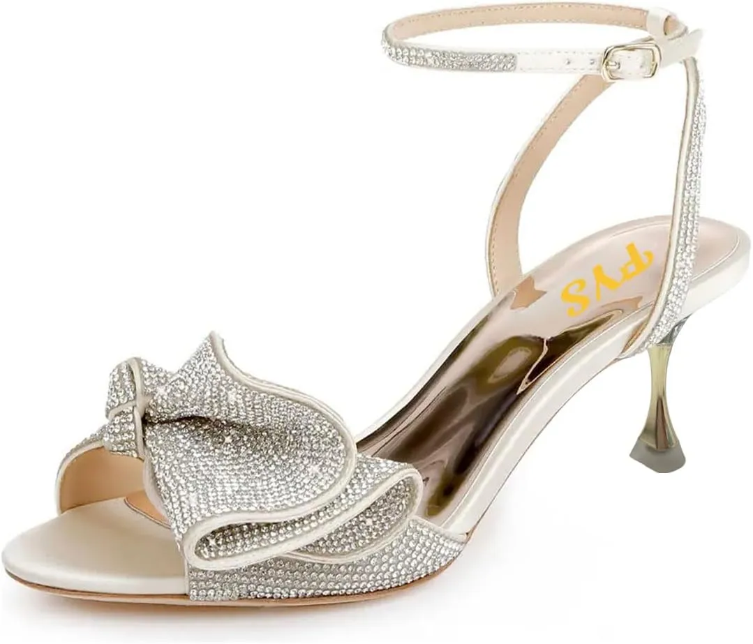 FYS Women Peep Toe Sandals Rhinestone Studded Bow Crystal Kitten Heels Ankle Strap Glitter Party Club Prom Shoes Size 4-16 US