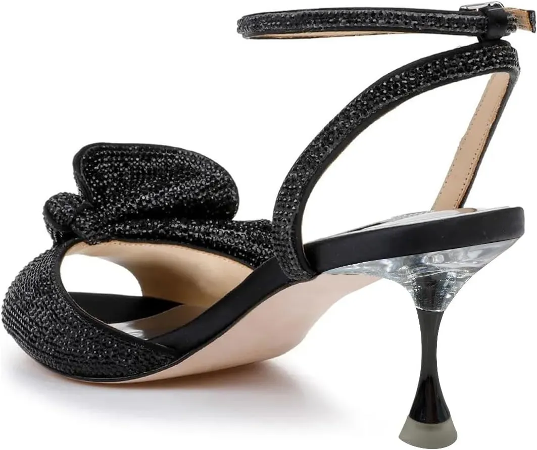 FYS Women Peep Toe Sandals Rhinestone Studded Bow Crystal Kitten Heels Ankle Strap Glitter Party Club Prom Shoes Size 4-16 US