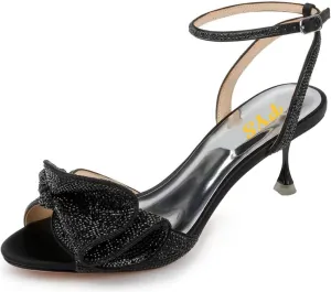 FYS Women Peep Toe Sandals Rhinestone Studded Bow Crystal Kitten Heels Ankle Strap Glitter Party Club Prom Shoes Size 4-16 US