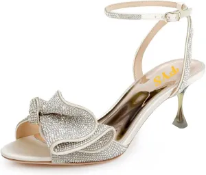 FYS Women Peep Toe Sandals Rhinestone Studded Bow Crystal Kitten Heels Ankle Strap Glitter Party Club Prom Shoes Size 4-16 US