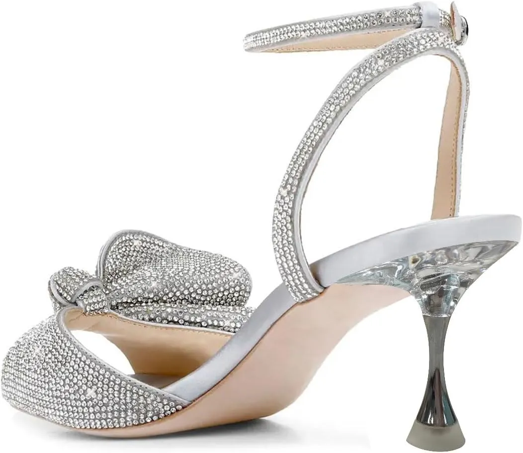 FYS Women Peep Toe Sandals Rhinestone Studded Bow Crystal Kitten Heels Ankle Strap Glitter Party Club Prom Shoes Size 4-16 US