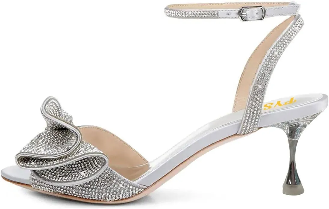FYS Women Peep Toe Sandals Rhinestone Studded Bow Crystal Kitten Heels Ankle Strap Glitter Party Club Prom Shoes Size 4-16 US