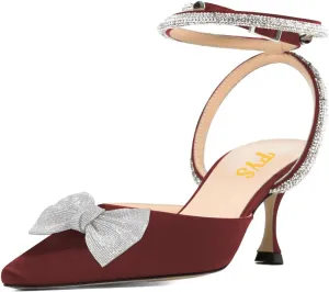 FYS Women Rhinestone Studded Pointed Toe D'Orsays Bowtie Ankle Strap Kitten Low Heel Pumps Sexy Wedding Formal Dress Shoes Size 4-16 US