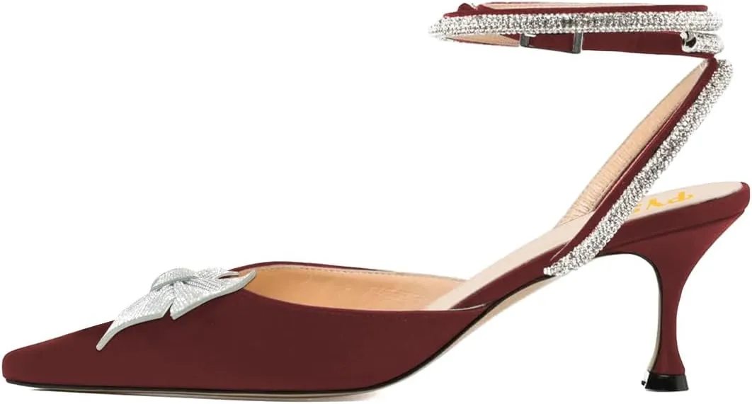 FYS Women Rhinestone Studded Pointed Toe D'Orsays Bowtie Ankle Strap Kitten Low Heel Pumps Sexy Wedding Formal Dress Shoes Size 4-16 US
