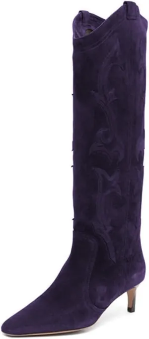 FYS Women Square Toe Knee High Boots Embroidered Kitten Low Heel Western Boots Casual Street Daily Shoes Size 4-16 US
