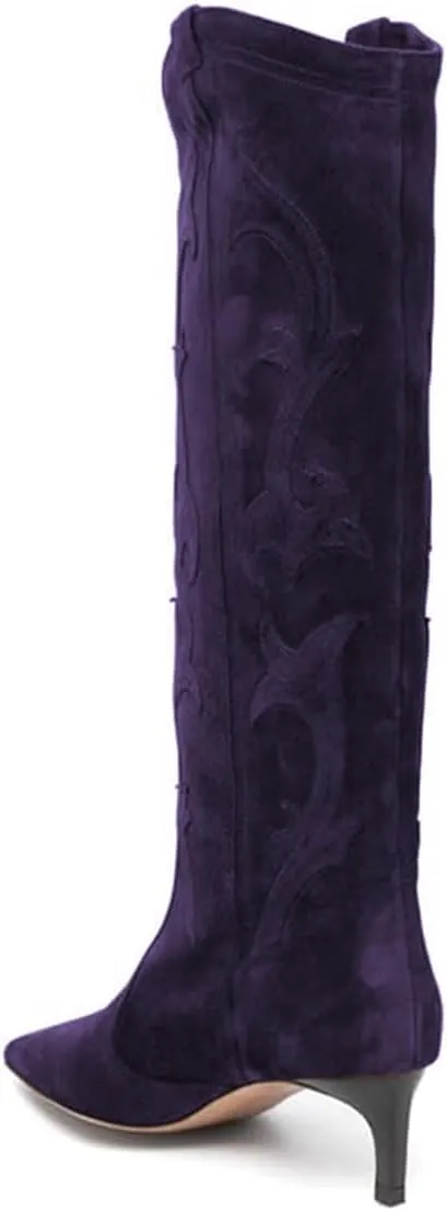 FYS Women Square Toe Knee High Boots Embroidered Kitten Low Heel Western Boots Casual Street Daily Shoes Size 4-16 US