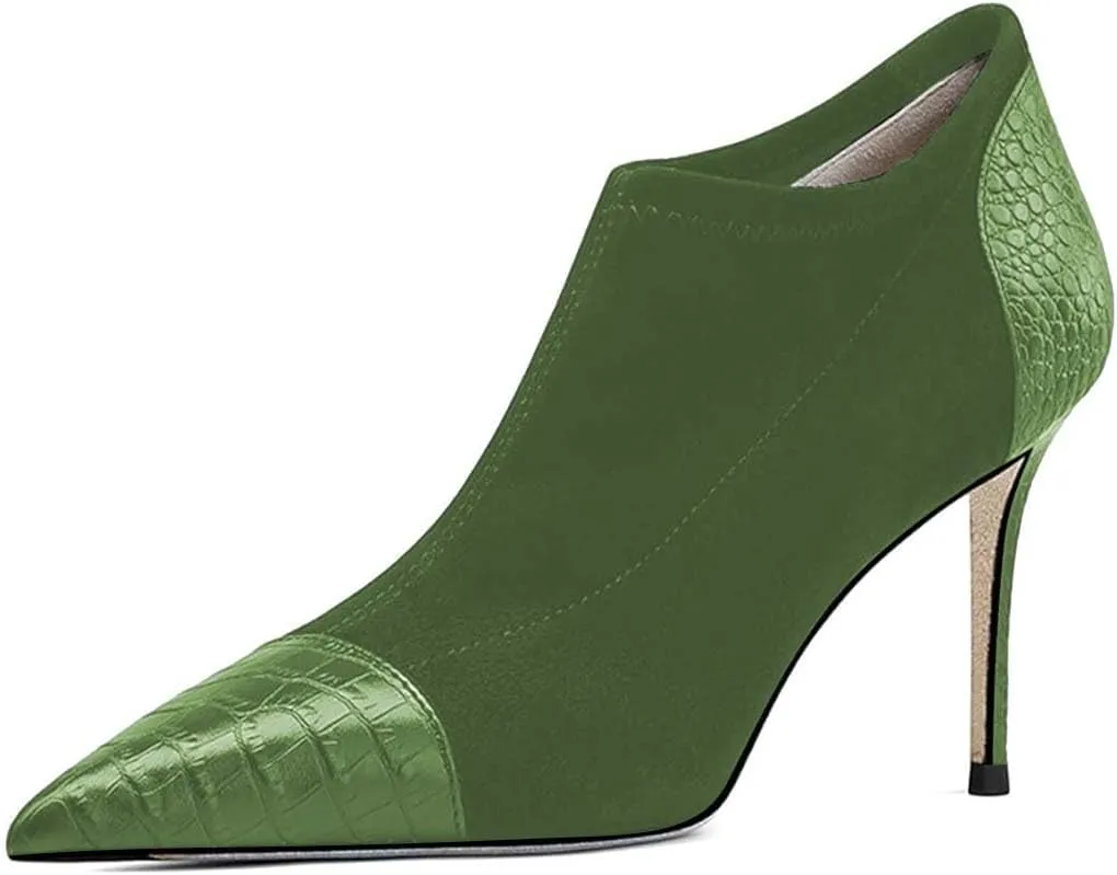 FYS Women's Sexy Stiletto High Heel Short Booties Fashion Pointed Toe Patchwork Ankle Boots Slip On Crocodile Print Fall Dress Party Shoes Size 4-16 US