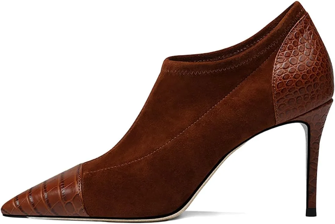 FYS Women's Sexy Stiletto High Heel Short Booties Fashion Pointed Toe Patchwork Ankle Boots Slip On Crocodile Print Fall Dress Party Shoes Size 4-16 US