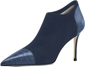 FYS Women's Sexy Stiletto High Heel Short Booties Fashion Pointed Toe Patchwork Ankle Boots Slip On Crocodile Print Fall Dress Party Shoes Size 4-16 US