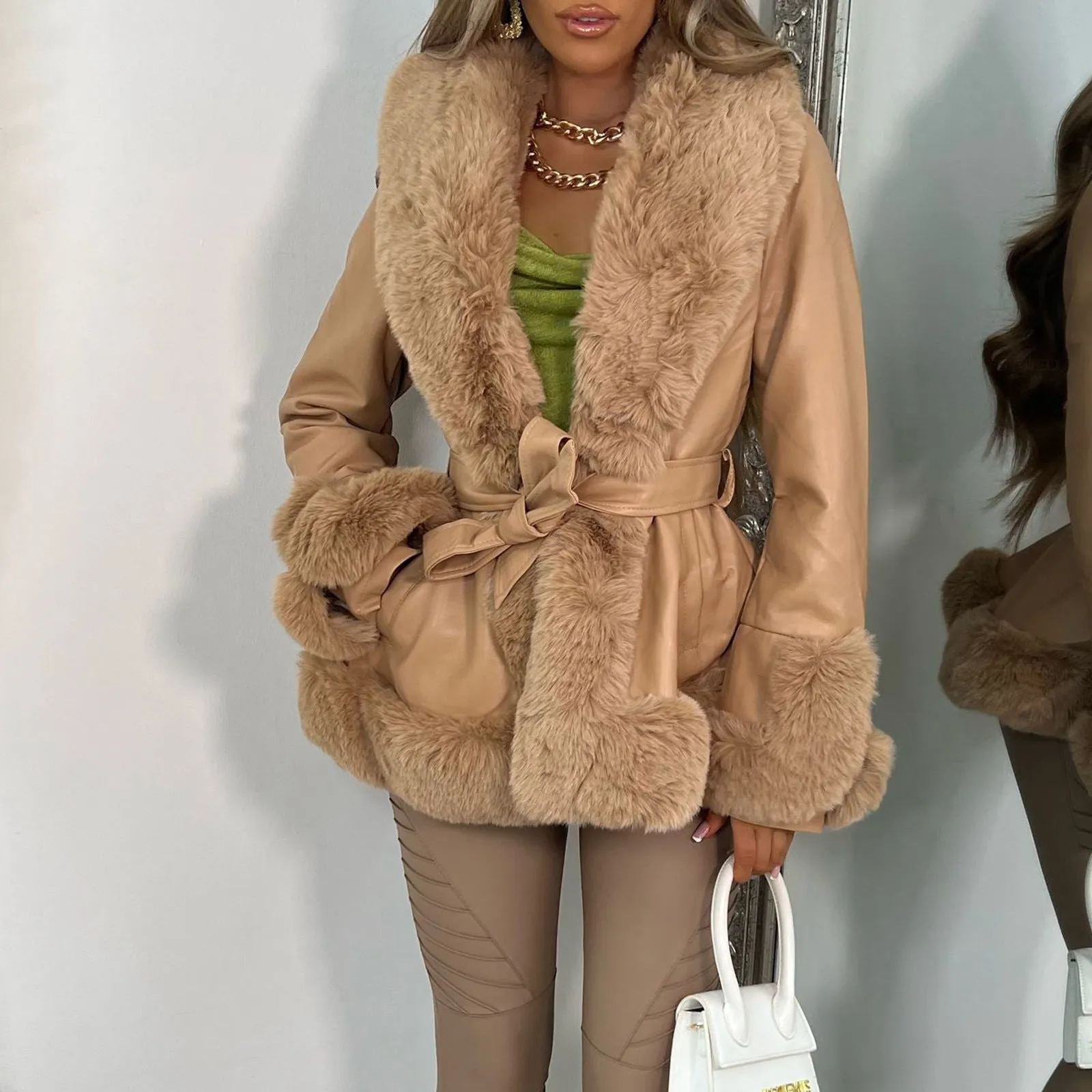FZ Women's Faux Leather Big Fur Slim Fit Patchwork Jacket