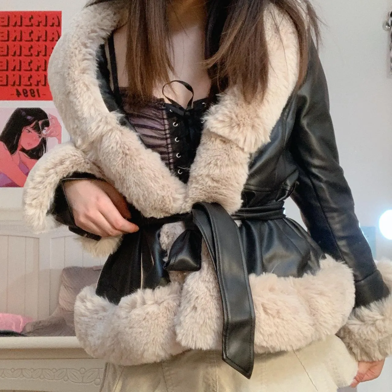 FZ Women's Faux Leather Big Fur Slim Fit Patchwork Jacket