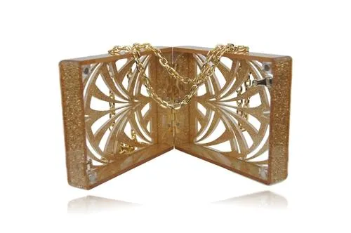 Geometric Glitter Champagne Acrylic Box Clutch