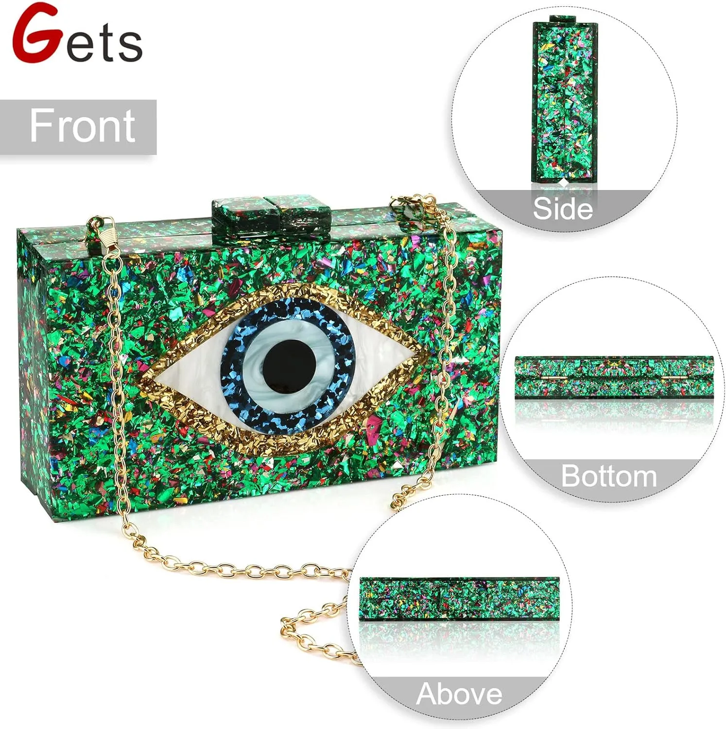 Gets Acrylic Clutch Purses for Women Evening Bag Eyes Multicolor Perspex Box Clutch Glitter Purse Handbags Crossbody Bag