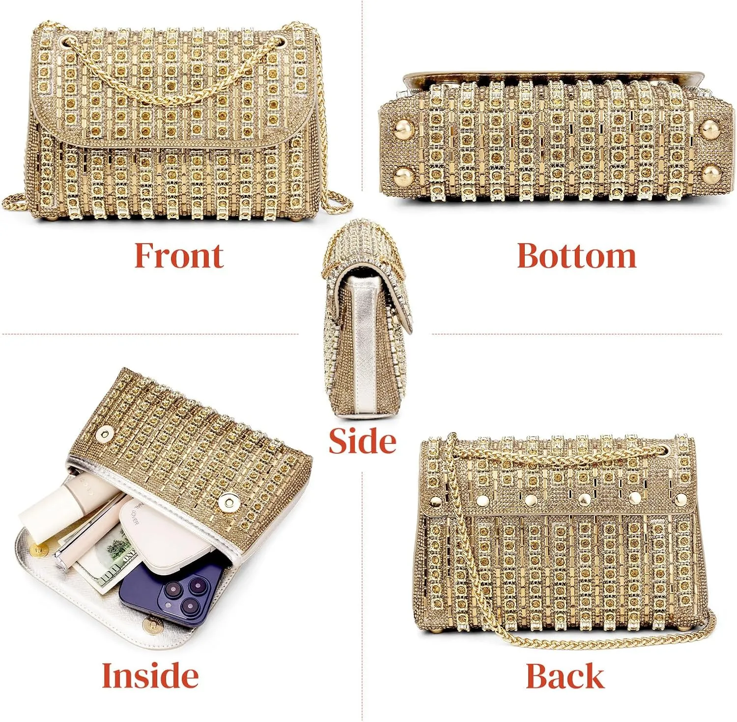 Gets Sparkly Rhinestones Clutch Purses for Women Purses and Handbags for Wedding Party Evening Crossbody Bag with Chain