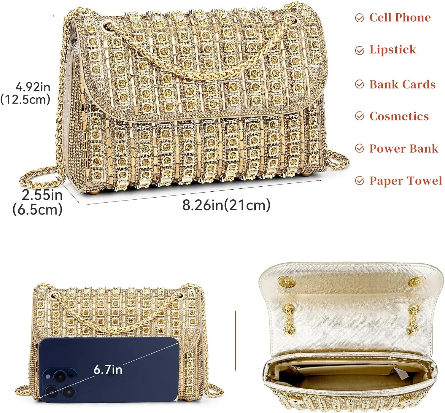 Gets Sparkly Rhinestones Clutch Purses for Women Purses and Handbags for Wedding Party Evening Crossbody Bag with Chain
