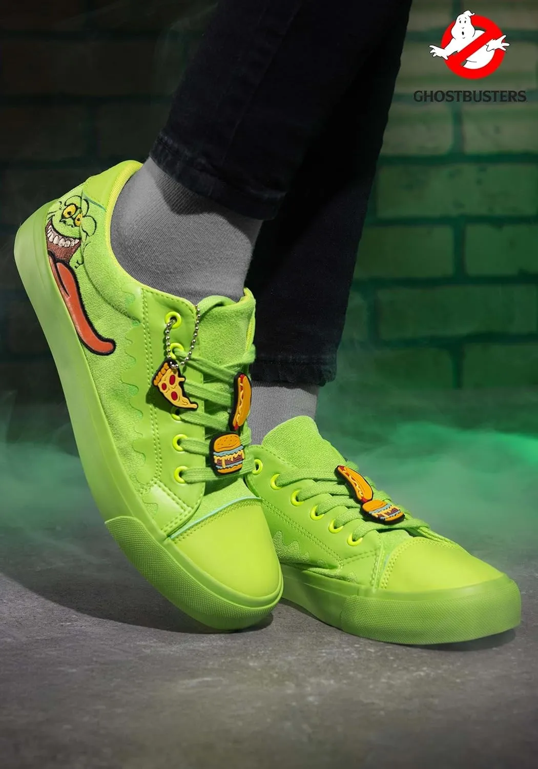 Ghostbusters Slimer Adult Sneakers - Faux Leather & Suede Shoes with Embroidered Details & Removable Charms