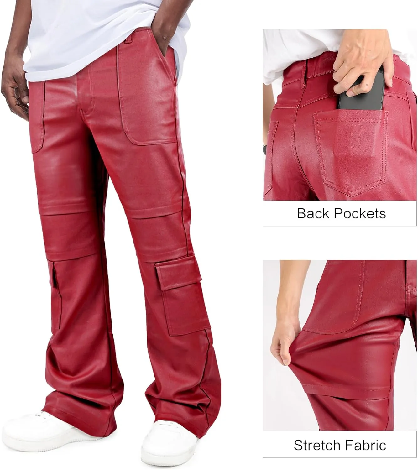 GINGTTO Mens Faux Leather Cargo Pants Flared Bell Bottoms with Pockets for Men 70s Party Pants