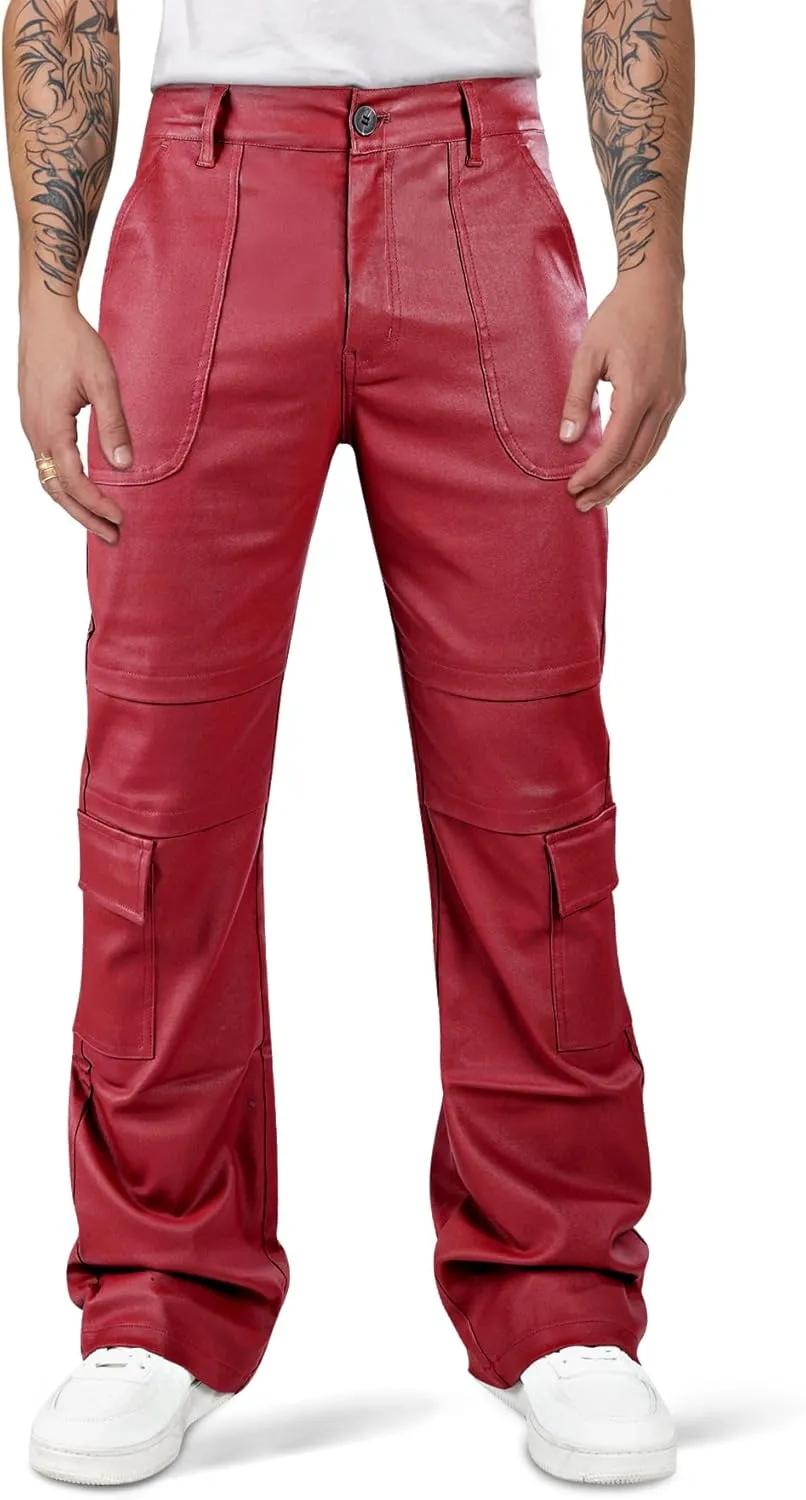 GINGTTO Mens Faux Leather Cargo Pants Flared Bell Bottoms with Pockets for Men 70s Party Pants