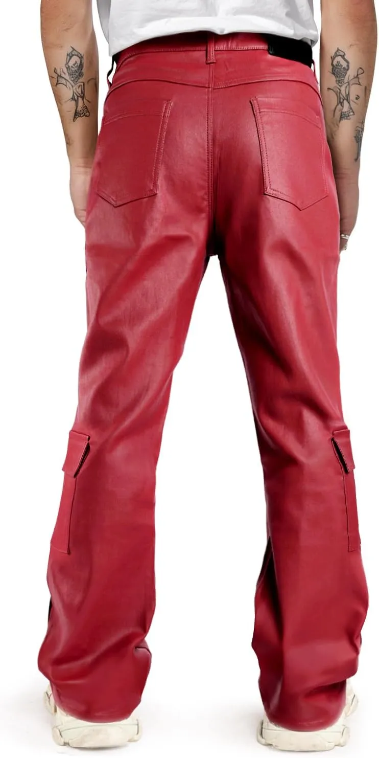 GINGTTO Mens Faux Leather Cargo Pants Flared Bell Bottoms with Pockets for Men 70s Party Pants