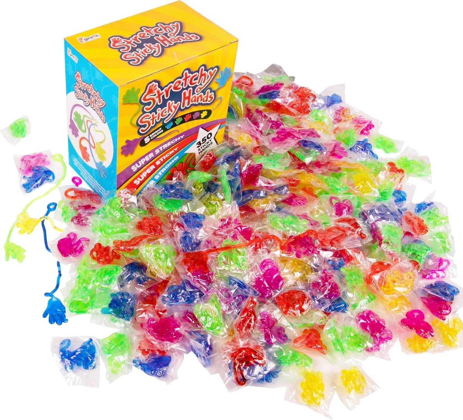 Giraffe 350-Pack Colorful Sticky Hands for Kids – Stretchy Glitter Slap Hand Toys for Party Favors, Back-to-School Prizes, Birthday Goodie Bags, Classroom Rewards, Summer & Carnival Giveaways