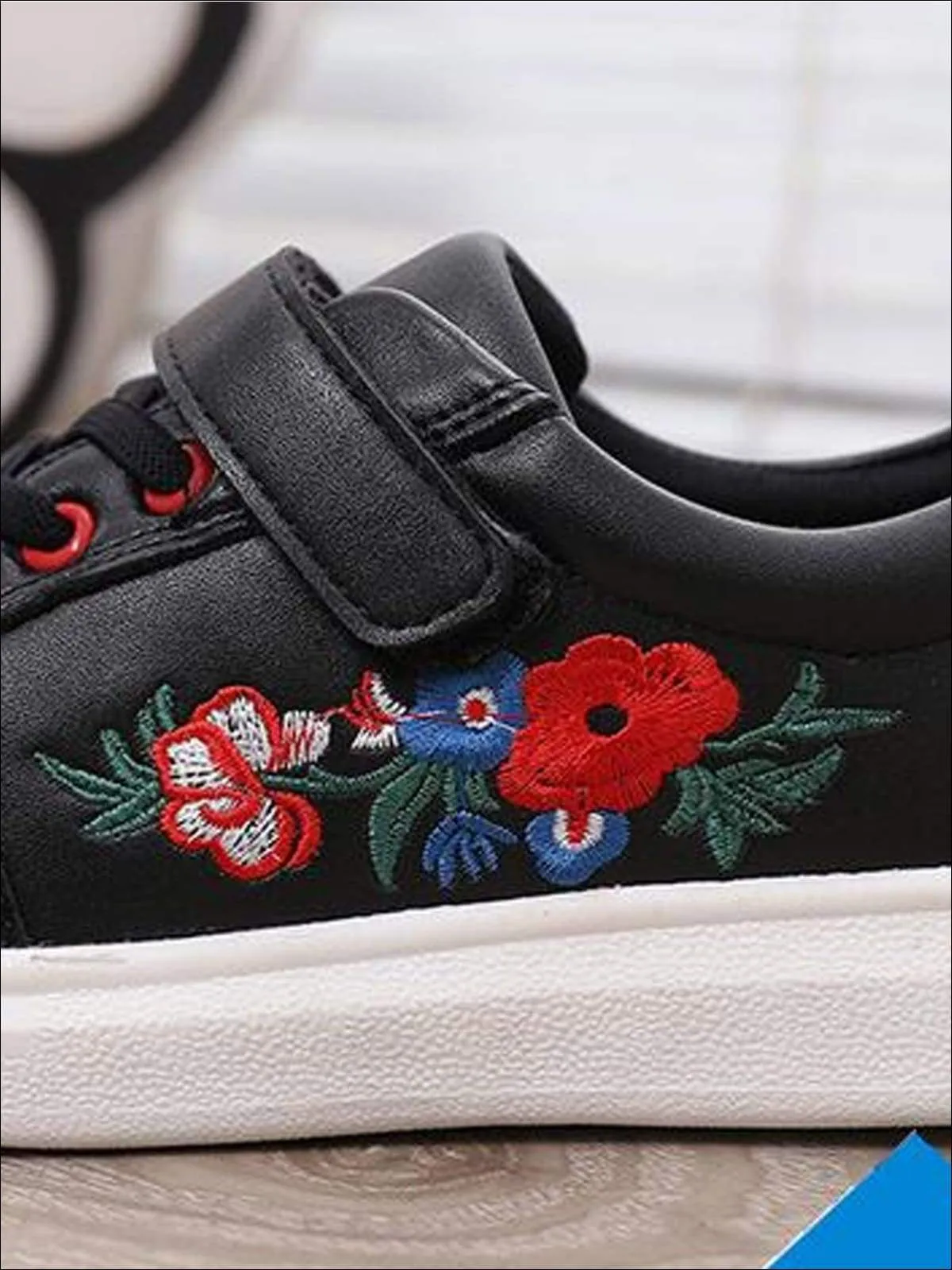 Girls Synthetic Leather Flower Embroidered Sneakers By Liv and Mia