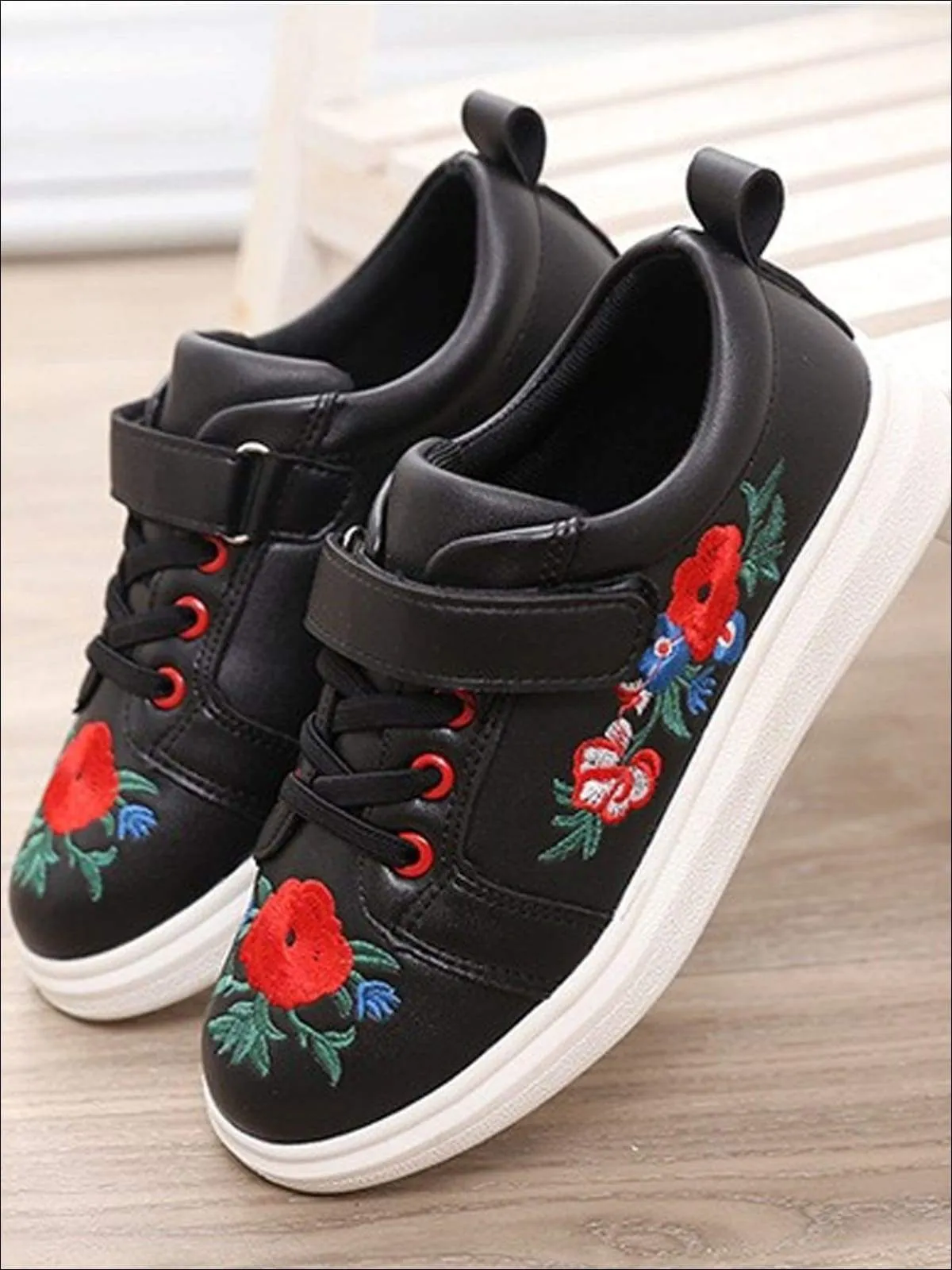 Girls Synthetic Leather Flower Embroidered Sneakers By Liv and Mia